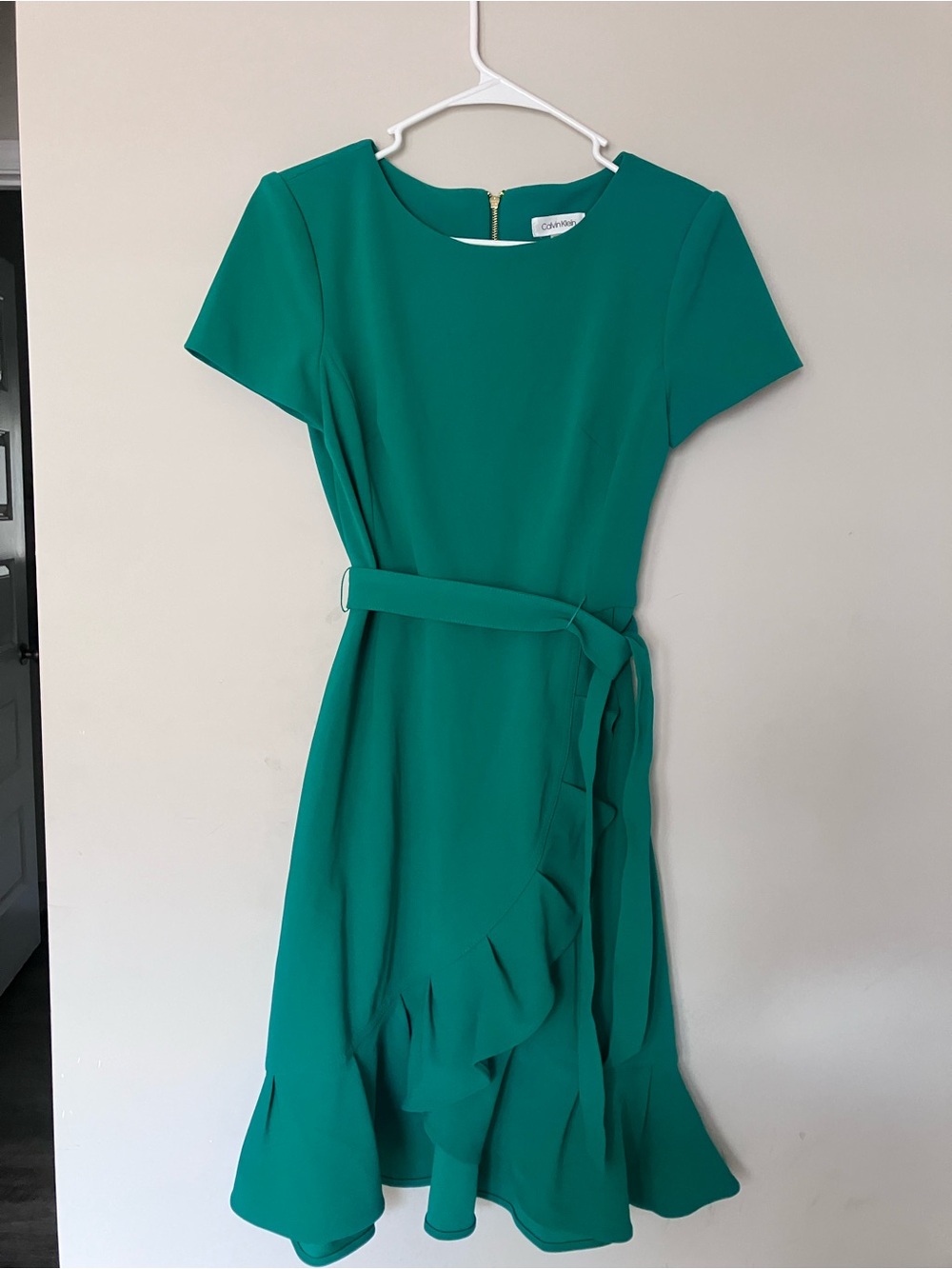 Calvin Klein Teal Short-Sleeve Ruffle Wrap Midi Dress